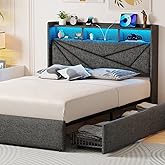 Driftalia Queen Bed Frame with 4 Storage Drawers, Upholstered Bed Frame Queen Size with LED Lights Headboard and Charging Station, No Box Spring Needed, Easy Assembly - Dark Grey