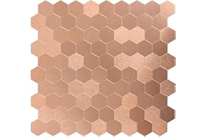 Miscasa Peel and Stick Hexagon Tile, Light Copper Brushed Aluminum Texture Panel Self-Adhesive Mosaic Tiles for Kitchen Bathroom Fireplace,（Pack of 6）