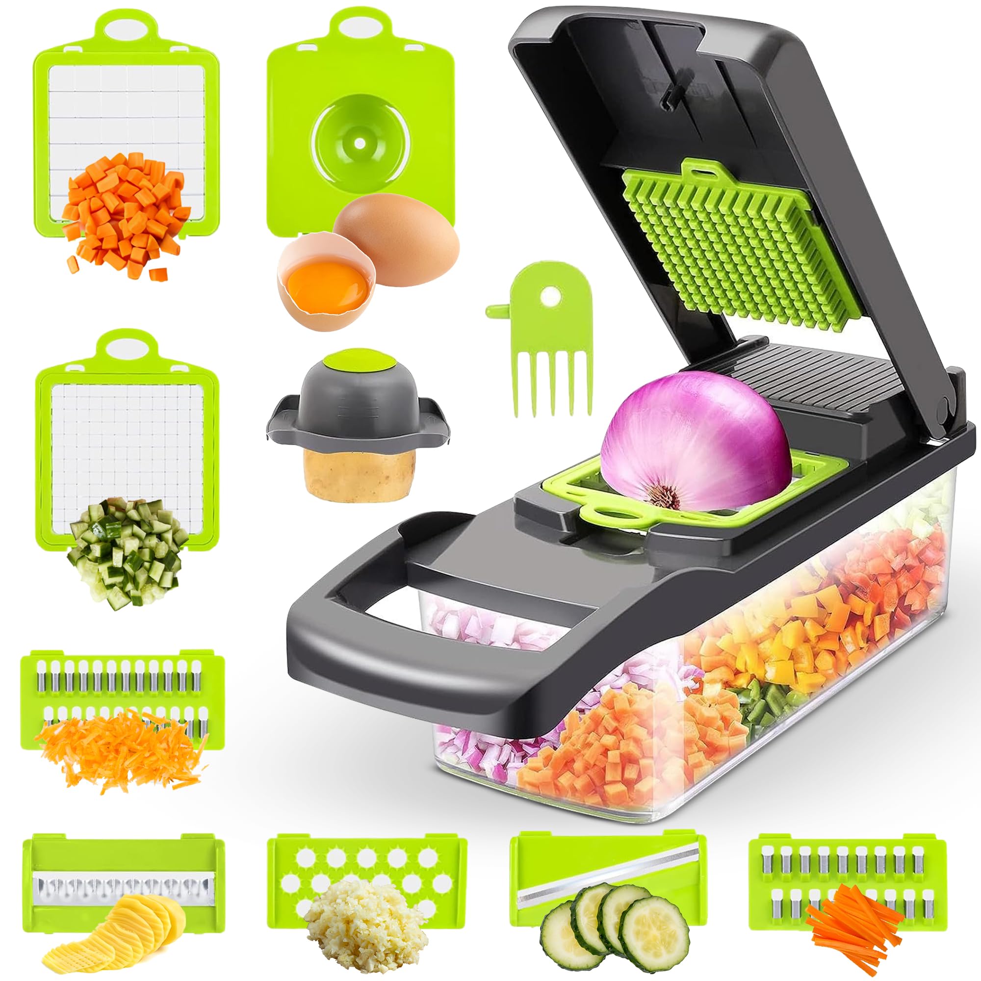 Photo 1 of 15-in-1 Vegetable Chopper & Mandoline Slicer by Global Digitronix – BPA-Free Veggie Cutter with Stainless Steel Blades, Onion Chopper & Food Dicer, Fruit & Vegetable Slicer – Black & Green