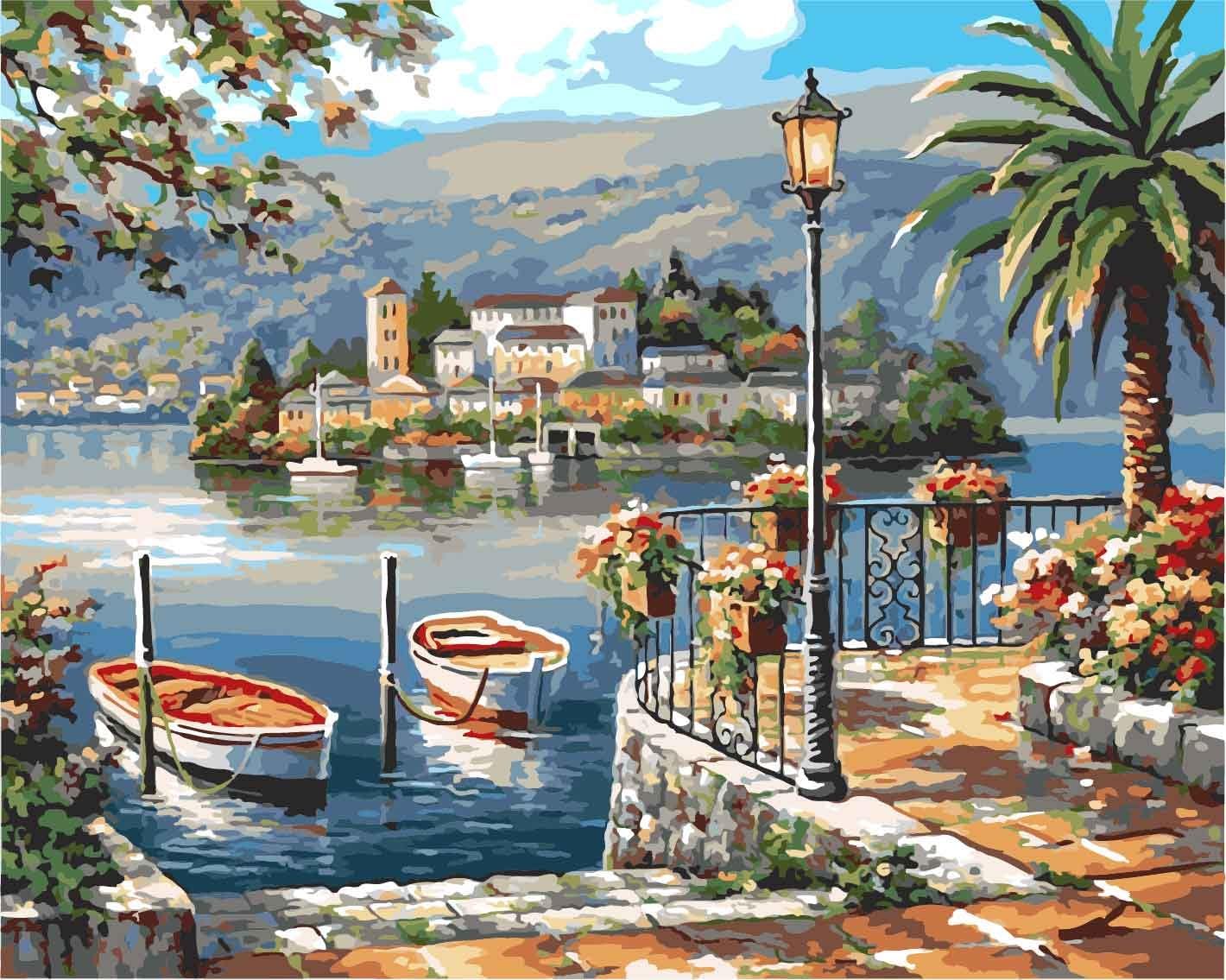 CaptainCrafts Paint by Numbers Adults Beginner Warm Christmas Thanksgiving Gifts Home House Decor 16x20 Inch Bali Villa in The Lake (Frameless)
