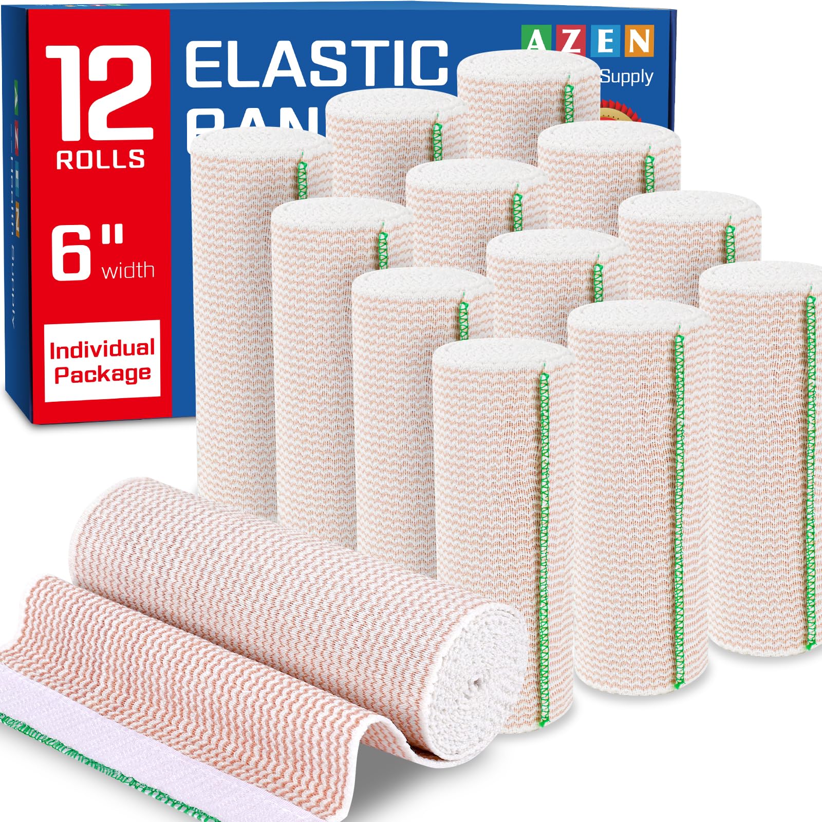 Photo 1 of AZEN Premium 12 Pack Elastic Bandage Wrap 6 Inch, Compression Wrap Bandage for Legs, Ankle, Knee, Tummy, Body, Latex-Free, Lymphedema Wraps for Legs