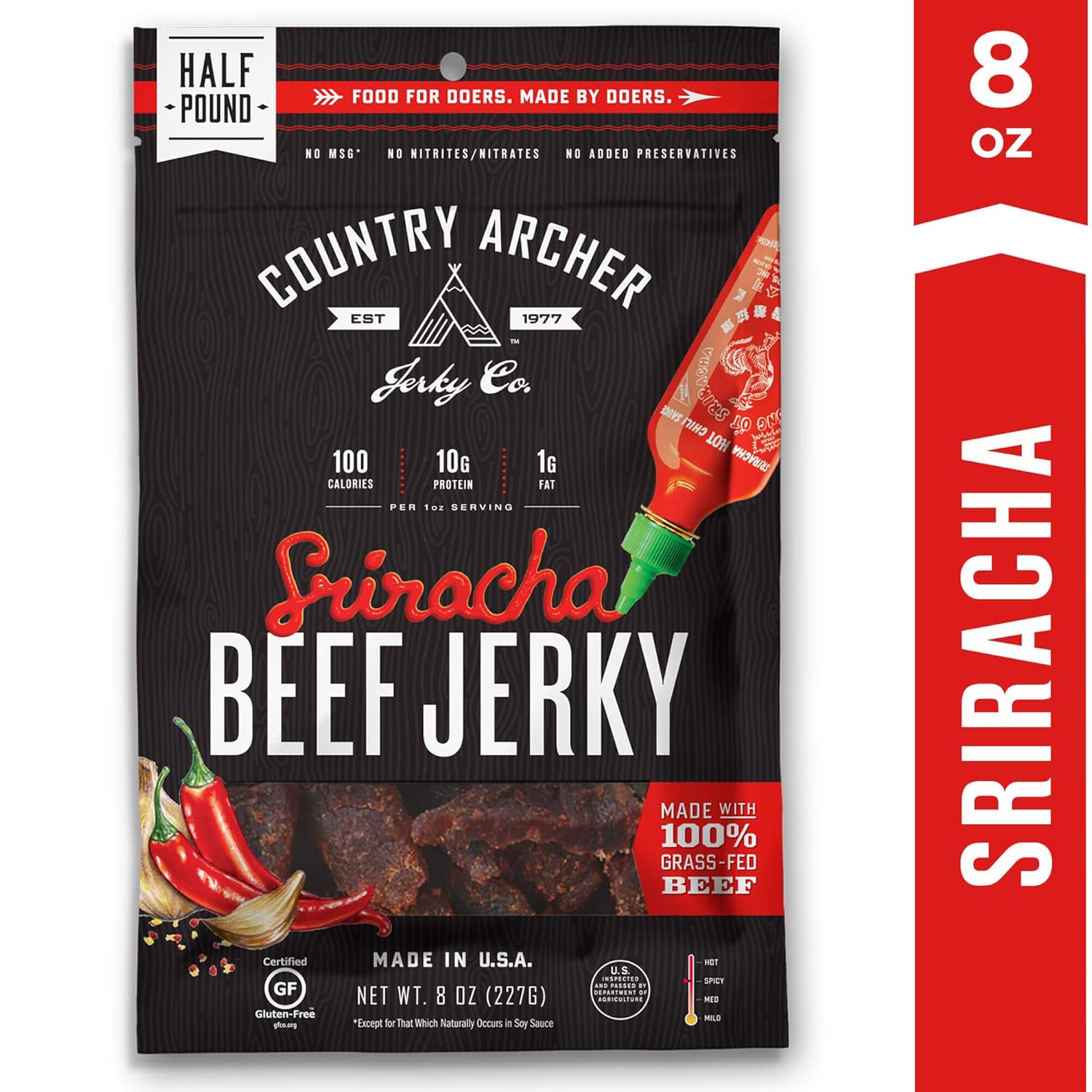 Sriracha Beef Jerky By Country Archer 100 Grass Fed Gluten Free 8 Ounce