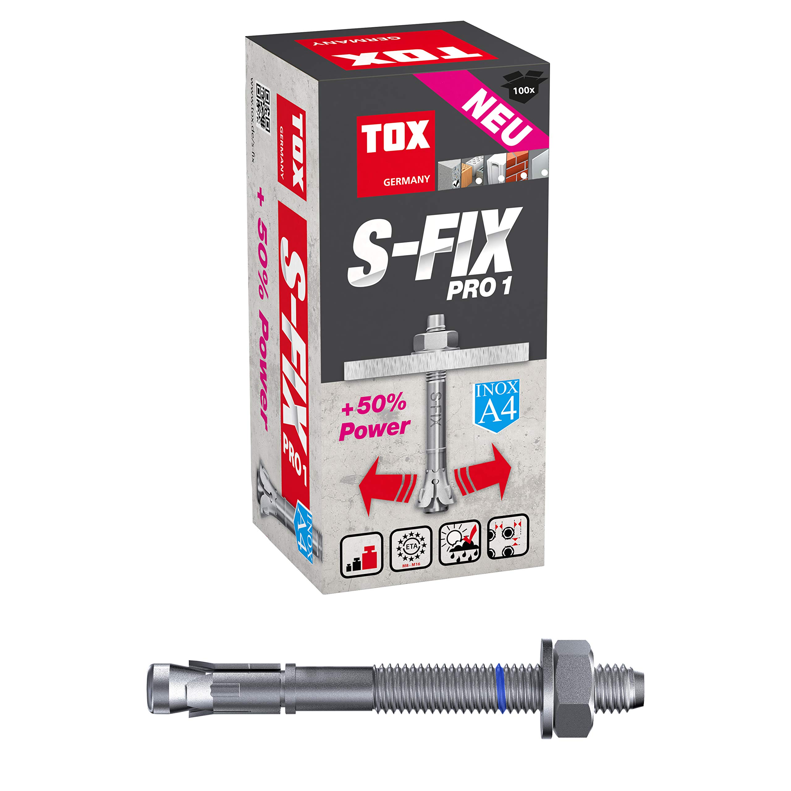 TOX bolt anchor S-Fix Pro 1 A4 M8 x 75 x 10 mm, 100 pieces, 040171071