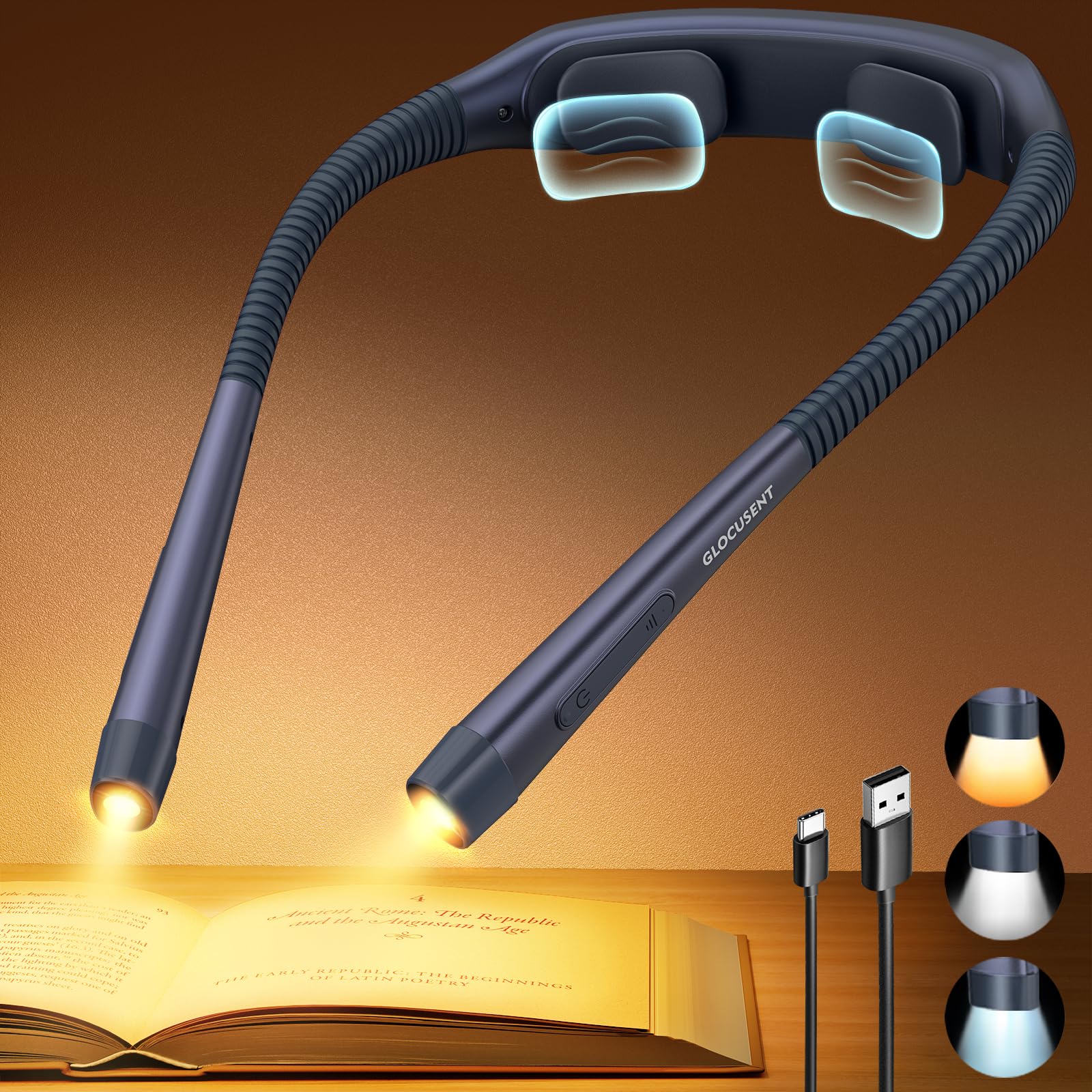 Glocusent Ergonomic Reading Light, 1600mAh Rechargeable Book Light for 100 Hrs - 3 Colors & 5 Brightness, Neck Light with Timers, Sleep Aid & Travel Lock, Perfect for Reading, Knitting & Craft