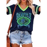 Football Shirt Game Day Shirts: Women Seattle V T-Shirt Cute Sport Fans Top | Football Graphic Tees Retro Game Day Outfits, 60% Cotton, Soft, Comfortable