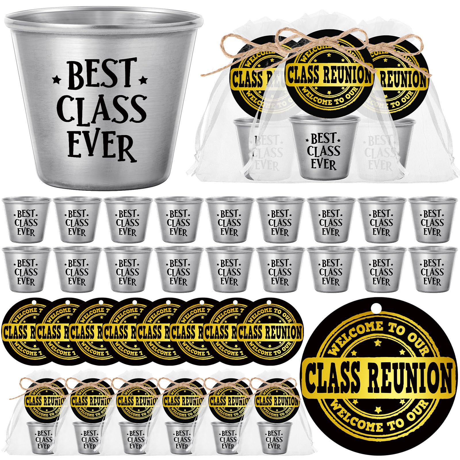 Photo 1 of Roshtia 30 Sets Class Reunion Favors 1.5 oz Stainless Steel Shot Glasses Bulk Metal Cups with Cards Happiness Reunited Class Reunion Gift for High School College Gathering Christmas Party Favors