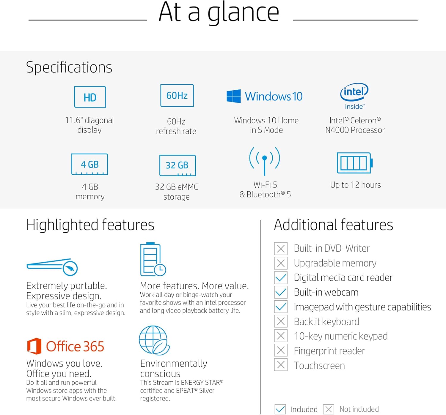 HP Stream 11.6-inch HD Laptop, Intel Celeron N4000, 4 GB RAM, 32 GB eMMC, Windows 10 Home in S Mode with Office 365 Personal for 1 Year (11-ak0020nr, Diamond White): Computers & Accessories