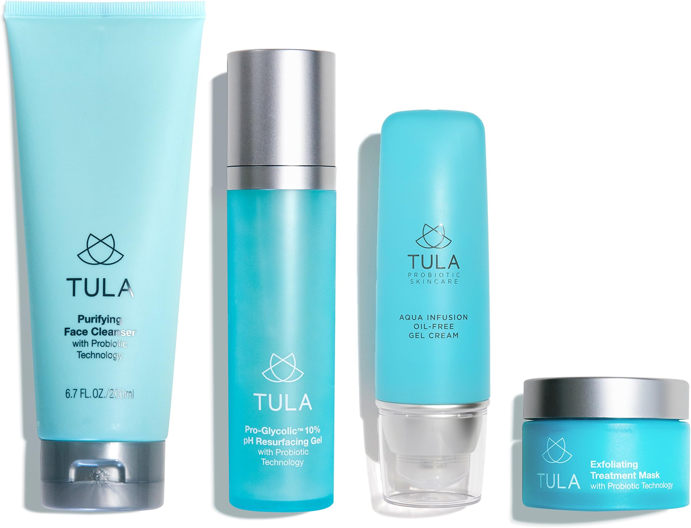 TULA Probiotic Skin Care Clear Complexion Kit | Full-Sized Set with Facial Cleanser | Aqua Infusion Gel Cream | Glycolic Resurfacing Gel & Exfoliating Mask for Moisturized and Youthful Skin
