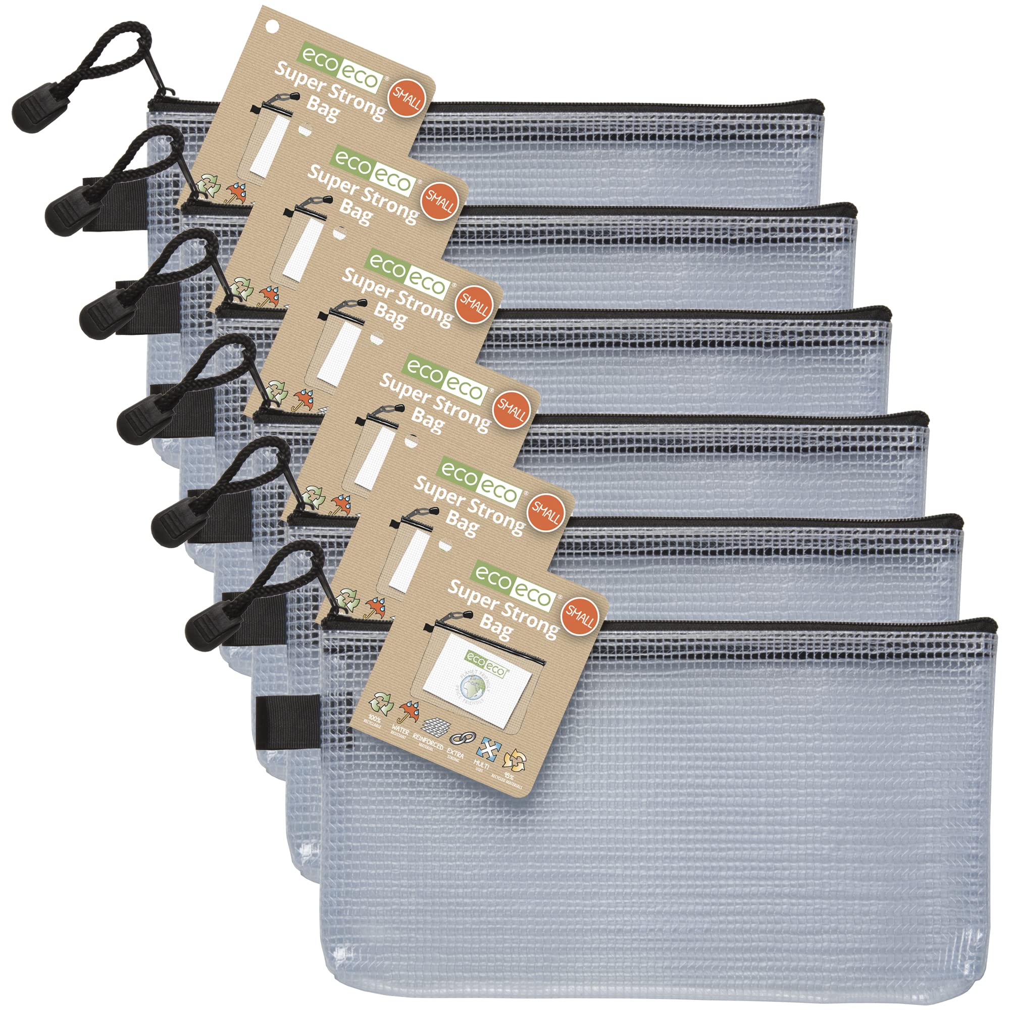 eco-eco Small DL 95% Recycled Super Strong Bag, Waterproof Mesh Tuff Bag, Reinforced Black Zip Closure (Pack of 6), eco037x6,230mm x 125mm