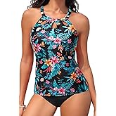 Yonique Two Piece High Neck Tankini Swimsuits for Women Tummy Control Bathing Suits Floral Print Swimwear
