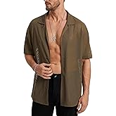 HISDERN Mens Summer Beach Shirts Casual See Through Sheer Lace Shirt Short Sleeve Button Down Mesh Shirt for Men