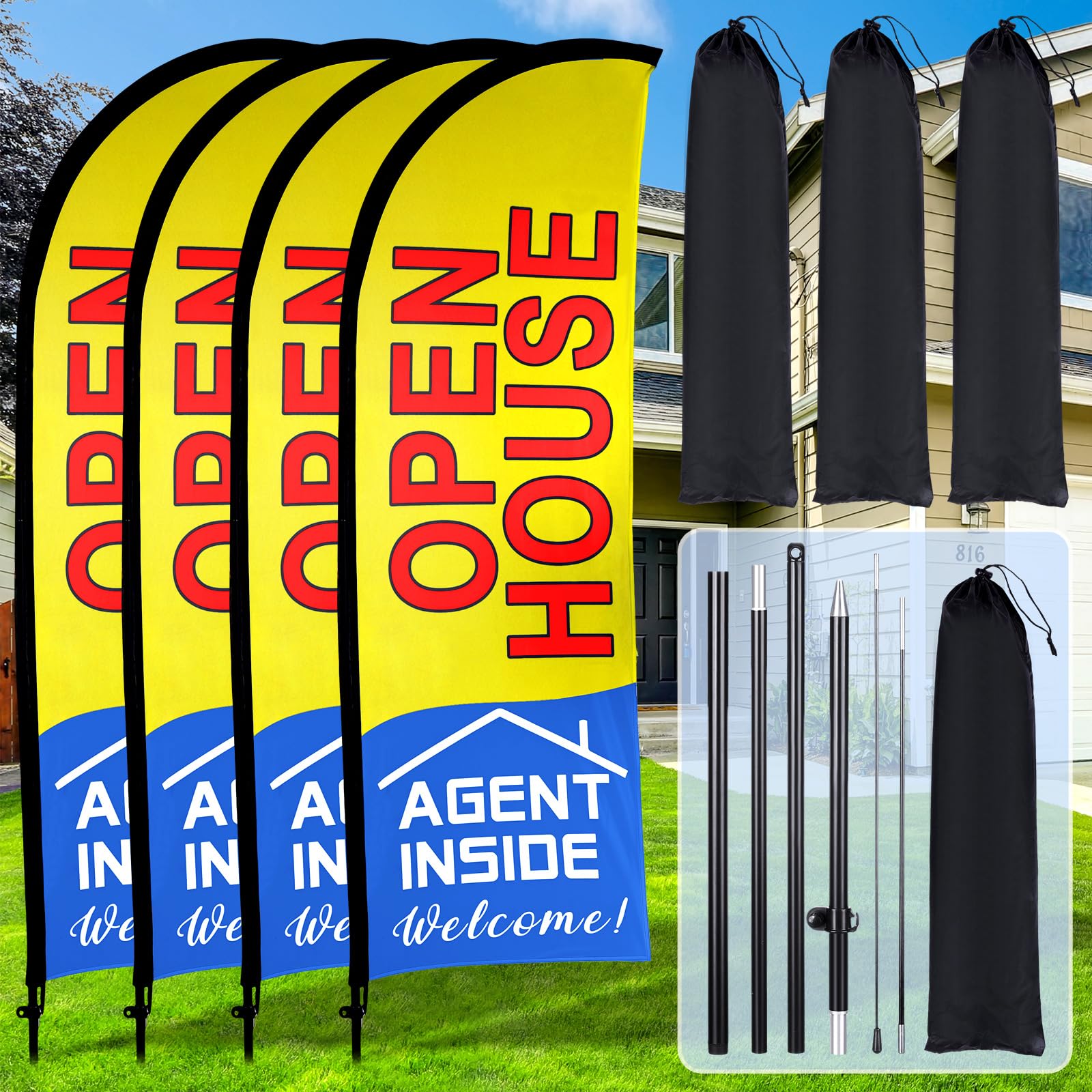 Buryeah 4 Pack Open House Flags Signs for Real Estate Agents 7x5.4 Ft ...