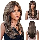 Novastel Long Layered Wigs Human Hair with Bangs Brown Highlights for Women Natural Looking Daily Use (Brown with Highlights,23 Inch)