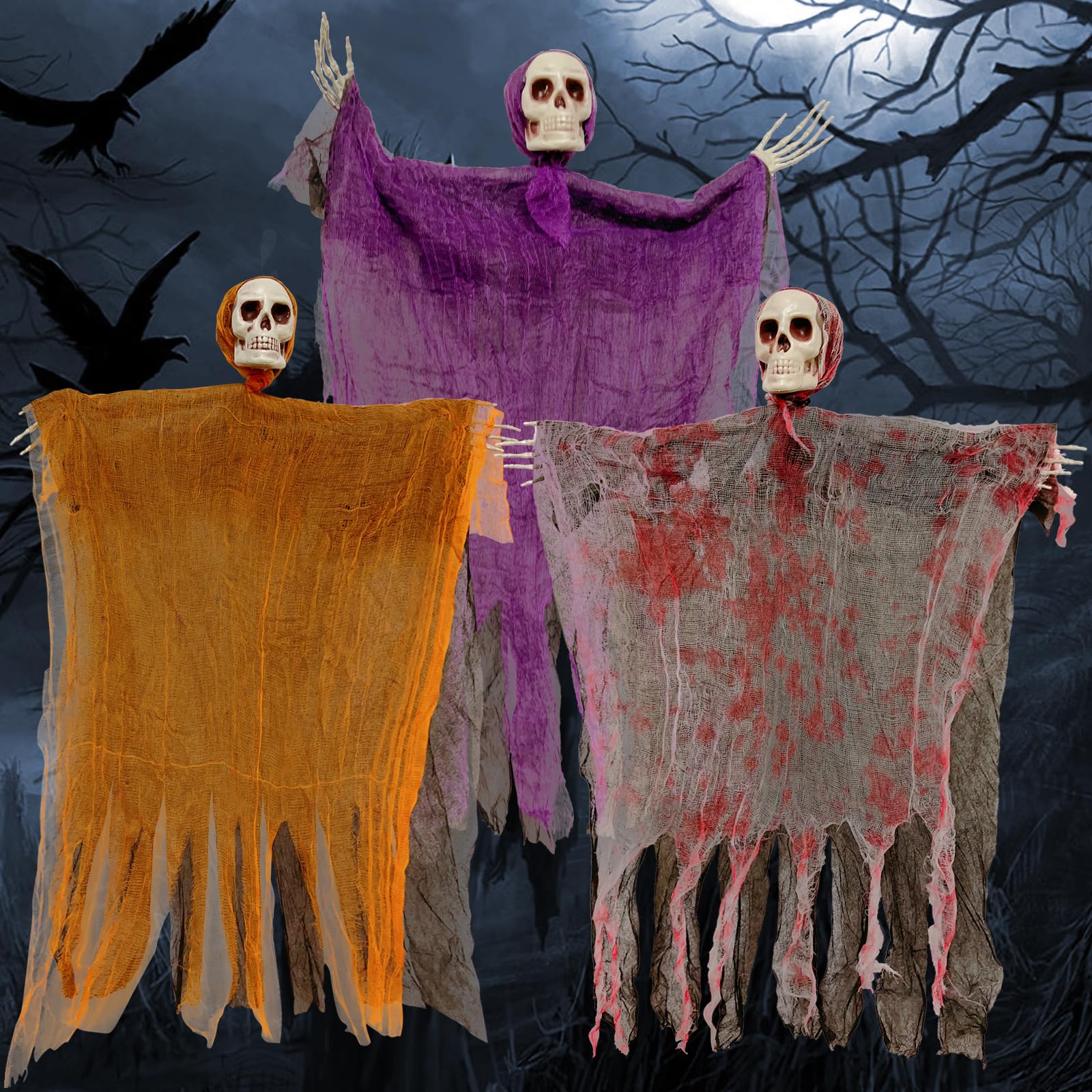 Photo 1 of 3 Pack 31.5 Inches Hanging Grim Reaper Decorations, Halloween Skeleton Props with Cloaks, Indoor Outdoor Yard Decor for Parties, Haunted House, Scary Tree Ornament Favors