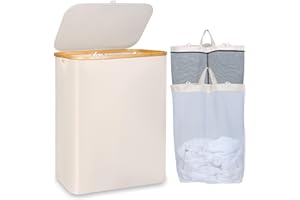iEGrow 150L Laundry Basket with Lid, Large Laundry Hamper with Bamboo Handle, Collapsible Dirty Clothes Hamper Organizer with Removable Inner Bag for Clothes Toys Towels -Beige