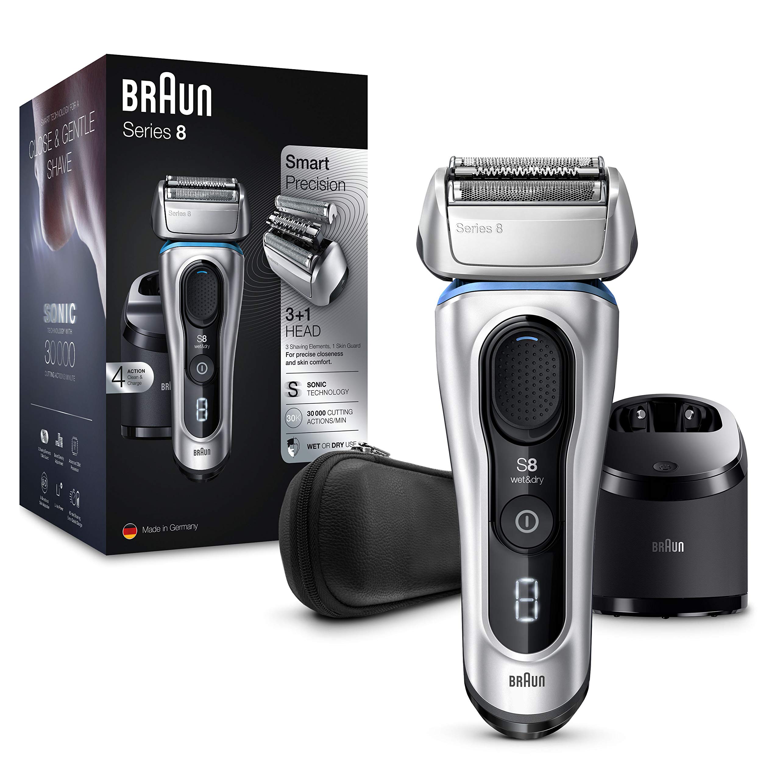 Braun Series 8 Electric Shaver for Men with Precision Trimmer, Clean & Charge Station & Travel Case, Cordless Foil Razor, Wet & Dry, 100% Waterproof, UK 2 Pin Plug, 8391cc, Silver Razor
