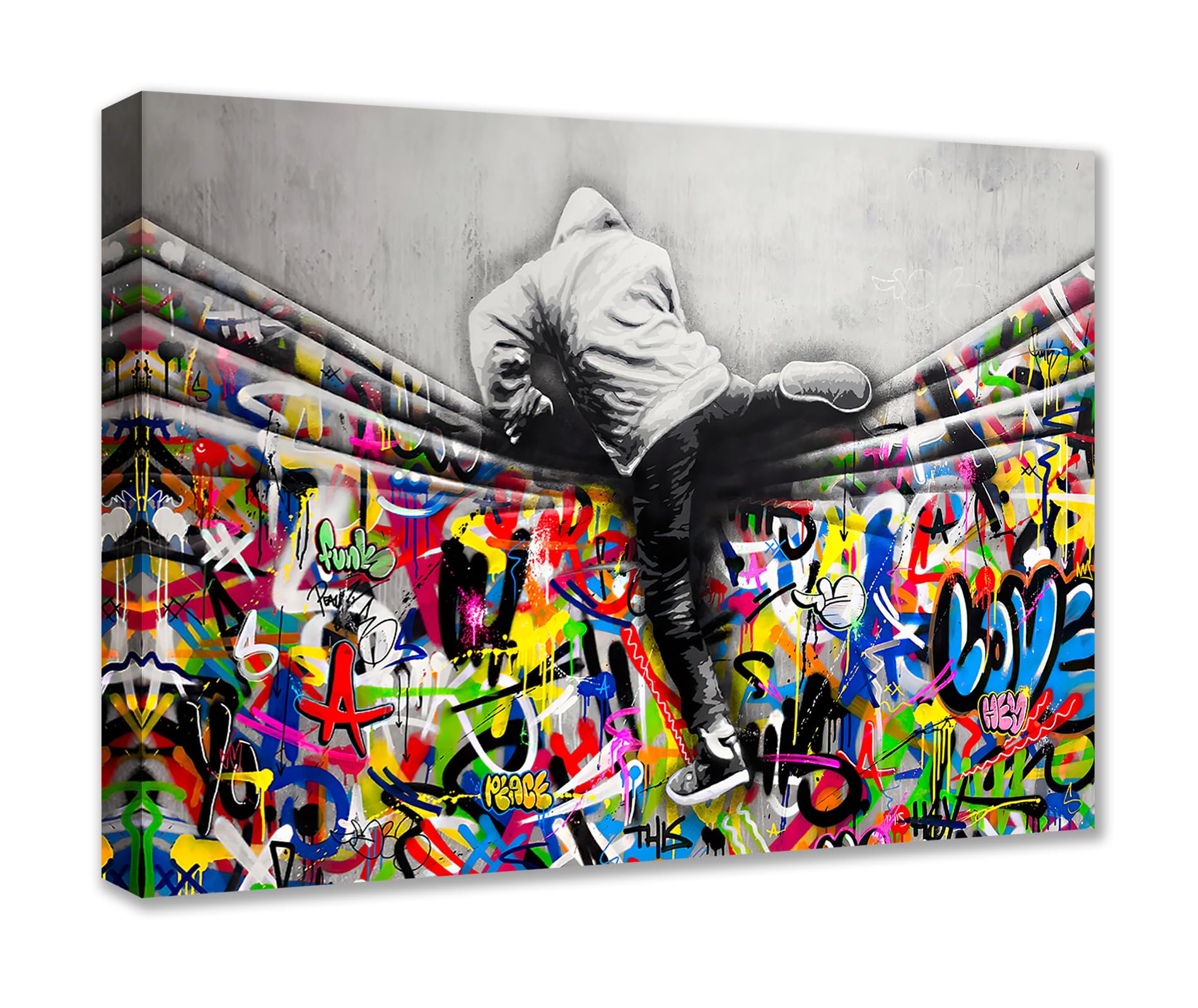 Banksy Street Art Decor Graffiti Men Paintings for Bedroom Behind the Curtain Pictures Nordics Artwork 1 Pieces Canvas Wall Art Modern Home Decor Framed Ready to Hang Poster and Prints(24''W x 16''H)
