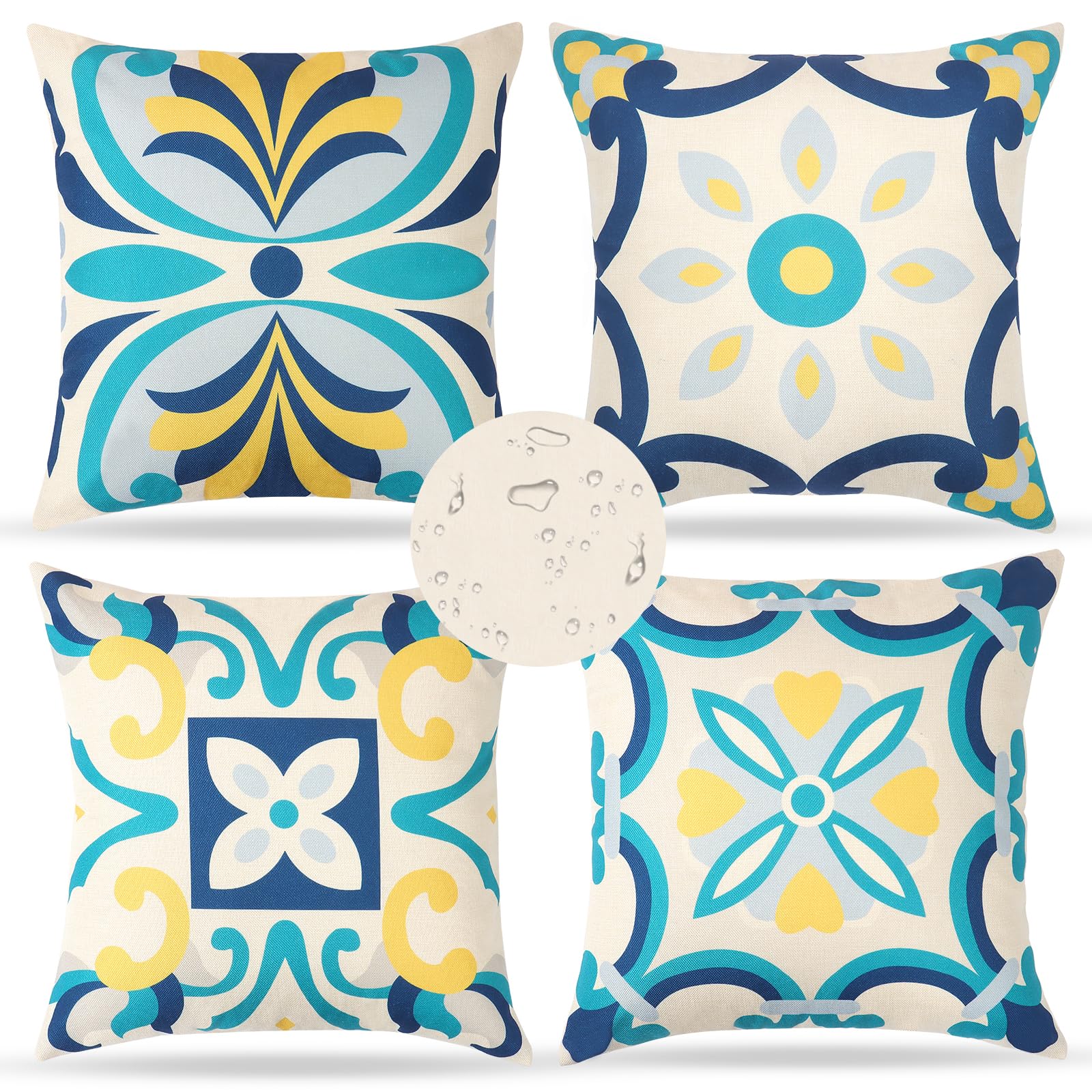 Dremisland Set of 4 Cushion Covers 18x18 Inch Floral Printed Water Resistant Throw Pillow Cases Boho Farmhouse Garden Summer Decorative Pillowcases for Outside Patio Couch Balcony