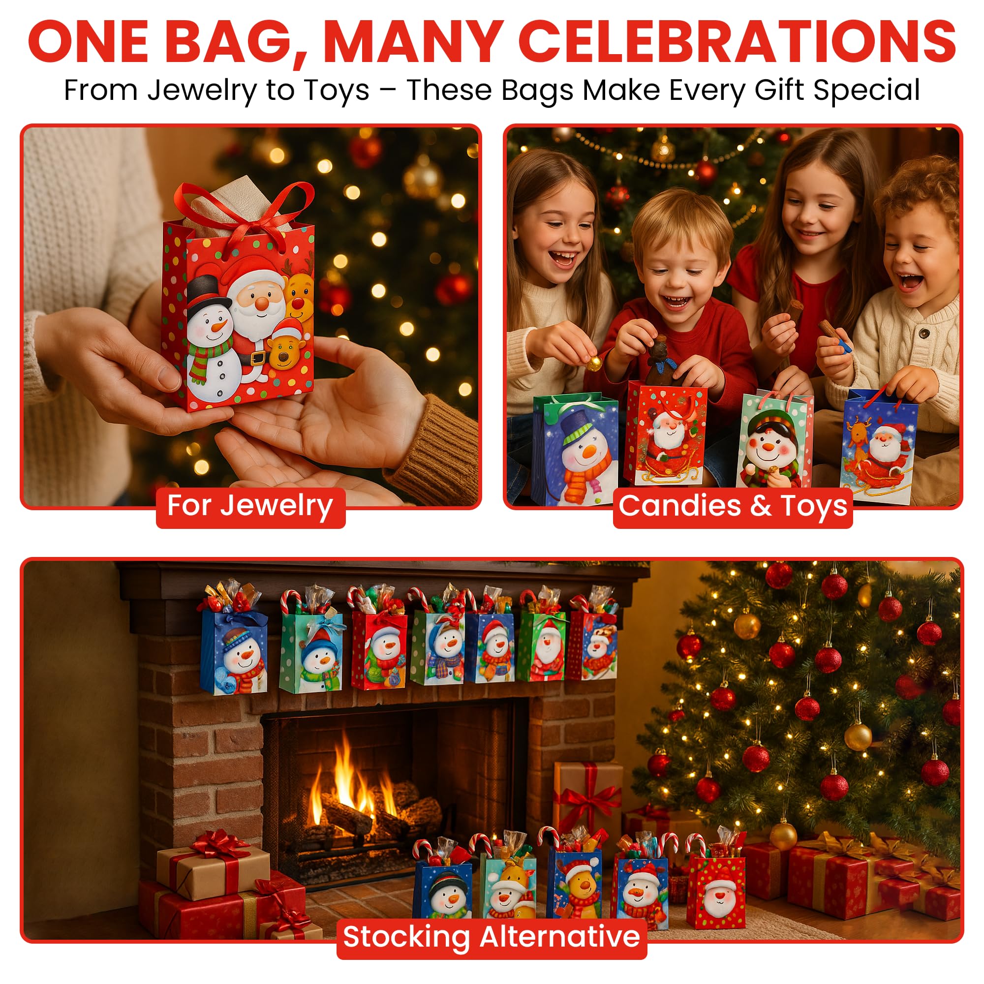 Iconikal 20-Pack Christmas Gift Bags, Small 4x6x2.5-Inch, Snowman Santa Reindeer, Ribbon Handles