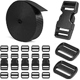 BEYOURD Buckles and Straps Set 1": 6 Yards of Thick Nylon Webbing, 6-Pack Heavy Duty Adjustable Quick Side Release Plastic Buckles, 12 Tri-Glide Slide Clips, Black (1-Inch Combo Set)