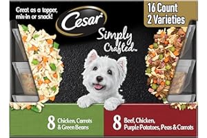 Cesar Simply Crafted Adult Wet Dog Food Meal Topper, Chicken, Carrots & Green Beans and Beef, Chicken, Purple Potatoes, Peas & Carrots Variety Pack, 1.3 oz. (16 Count, Pack of 1)