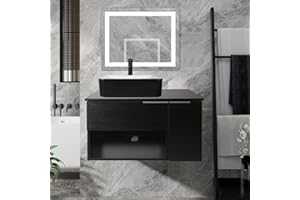 Puluomis 28-Inch Bathroom Vanity, Modern Black Wall Mounted Bathroom Vanity with 1-Door and 1-Drawer, Modern Floating Bathroom Cabinet with Bathroom Black and White Ceramic Vessel Sink Top