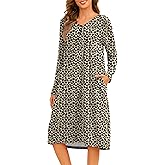 Becotal Nightgowns for Women Floral Print House Dresses Pleated Sleepwear Long Sleeve Sleep Shirts Mumu Dresses with Pockets