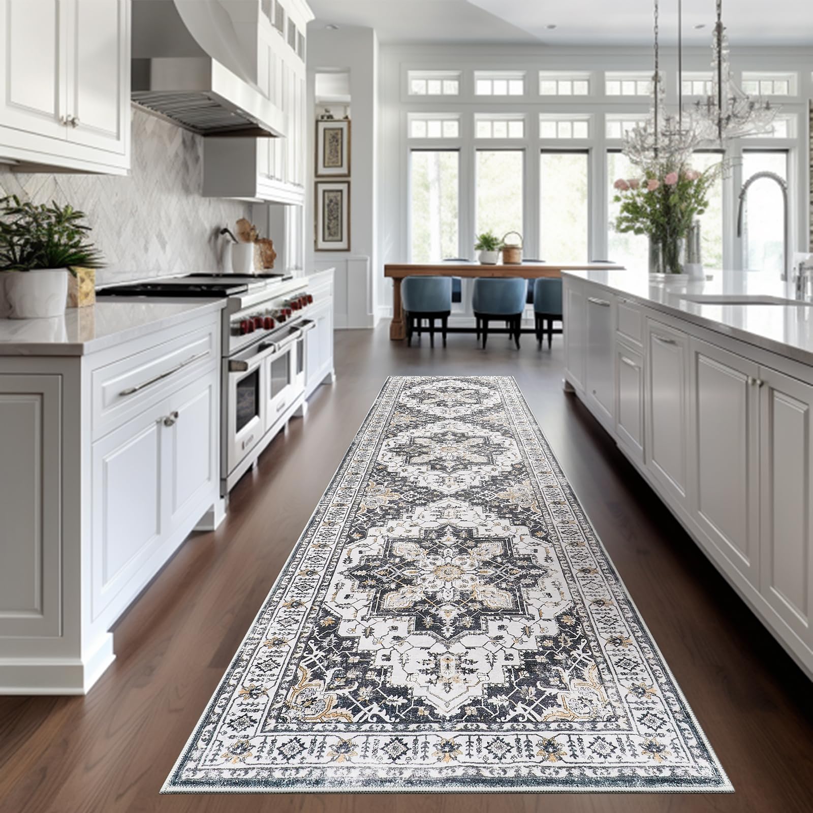 Photo 1 of Madane Runner Rug 2x8, Washable Hallway Runner Rugs, Non-Slip Low-Pile Soft Kitchen Rug Runner Laundry Room Rug, Vintage Throw Entry Foyer Mat for Entrance Living Room (Black, 2 x 8)