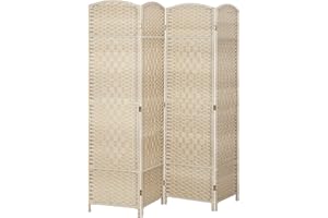 HOMCOM 4 Panel Room Divider, 6' Tall Folding Privacy Screen, Hand-Woven Freestanding Wall Partition for Home Office, Bedroom, Washed Oak