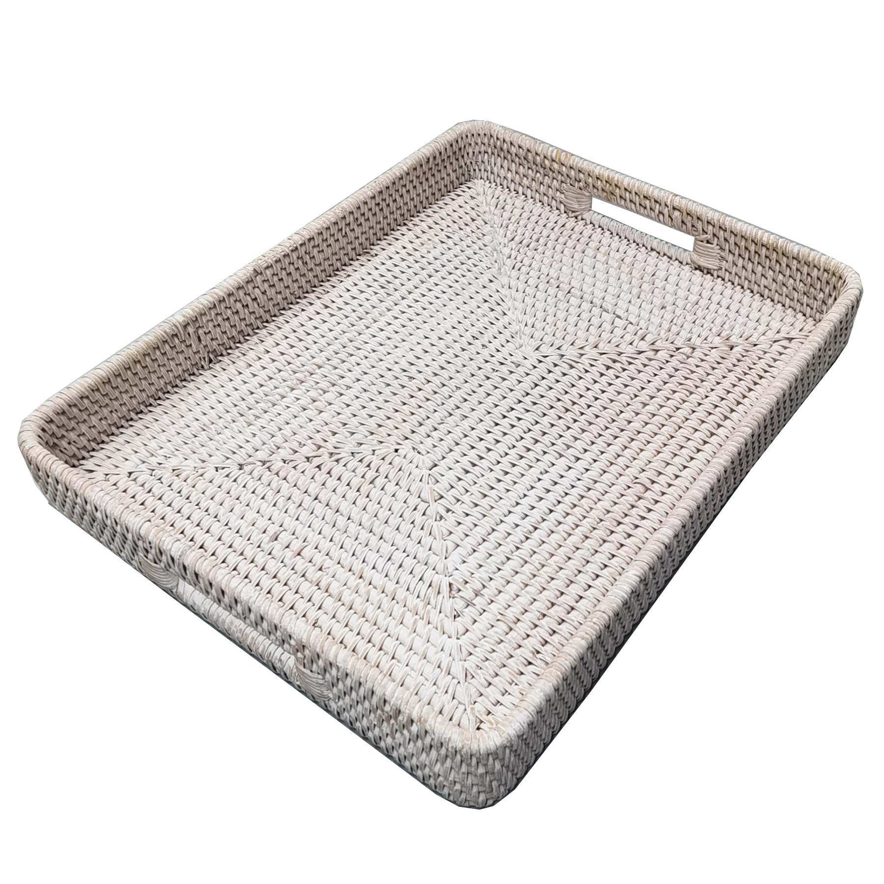 Photo 1 of i-lan 17" Handwoven White Washed Natural Rattan Ottoman Serving Tray with Handles-Decorative Wash White Rectangular Wicker Basket Storage Platter for Fruits,Drinks and Table Things