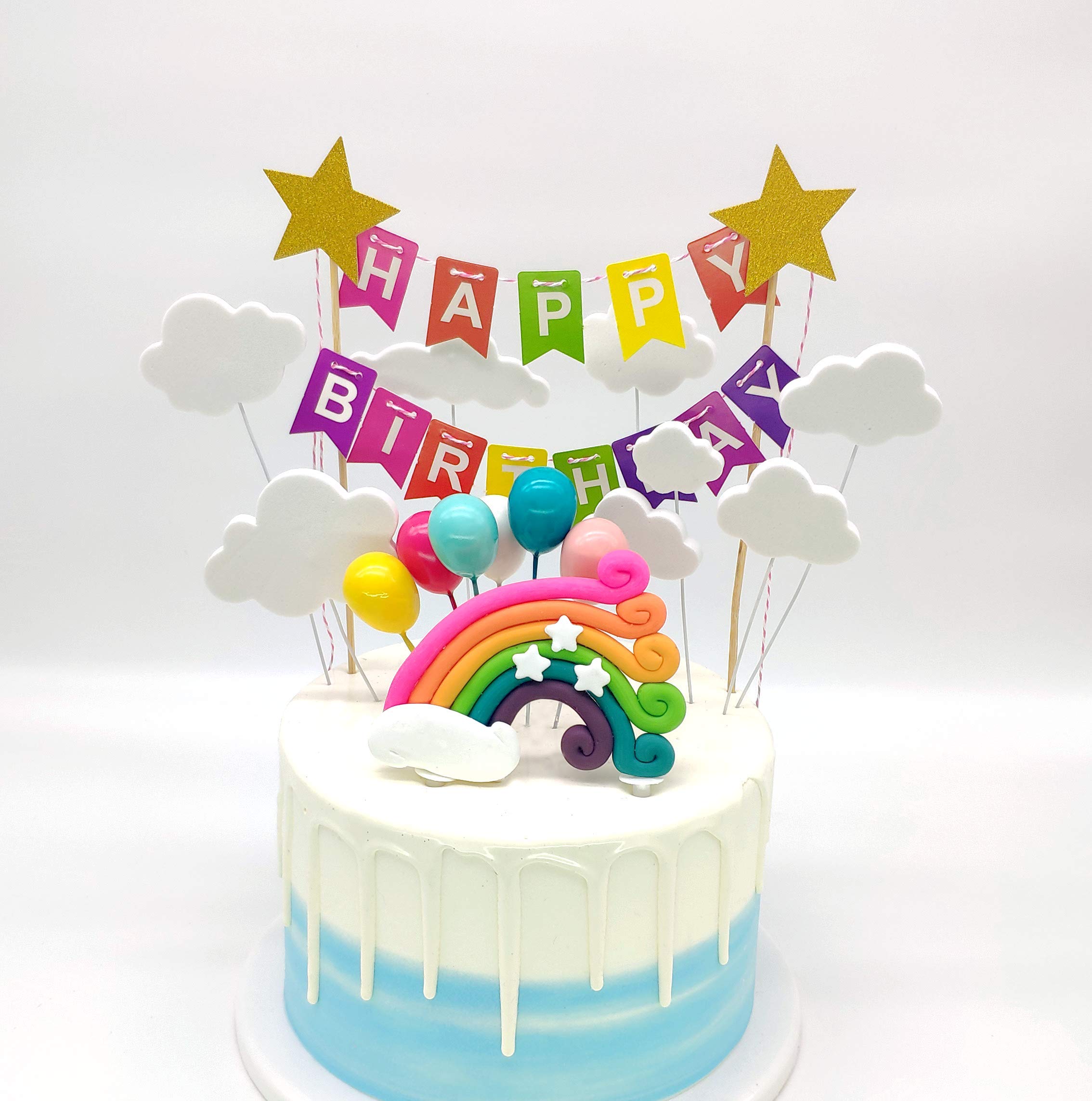 SNOWZAN Rainbow Balloons Clouds Cake Topper Rainbow Cloud Moon Star Balloon Cake Decoration Birthday Cake Decoration Baby Shower Cake Decoration Cake Party Decoration Girl Colourful Flag