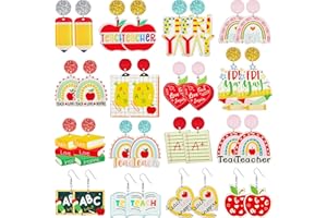 Loetere 16 Pairs Glitter Acrylic Teacher Earrings for Women Fun Rainbow Apple Book Pencil Teachers' Day Studs Dangle Earrings Set Appreciation Gifts for School Office