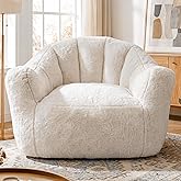 Homkdom Giant Bean Bag Chair for Adults, Shell-Shaped Oversized Bean Bag Couch with Armrests & Side Pockets, Stuffed Floor Sofa for Reading, Playing & Relaxing, Beige