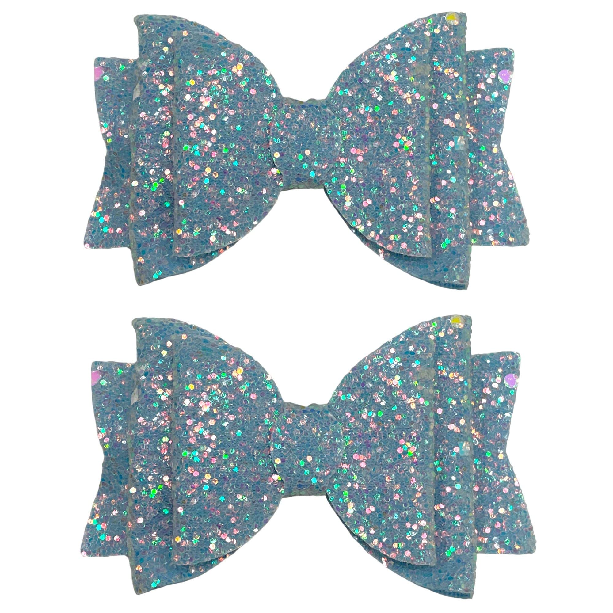 Light Blue Beautiful Glitter Hair Bows Clips Slides Grips for Woman Girls Handmade 3.5" inch - 2 Pack