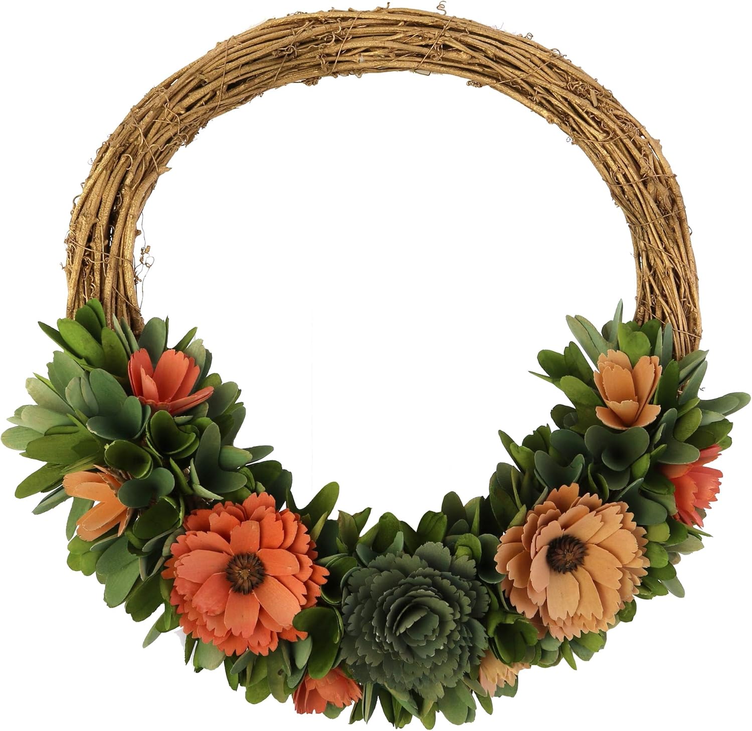 Amazon Com Benjara Wooden Shaving Wreath With Flower And Petal Details Brown And Pink Home Kitchen