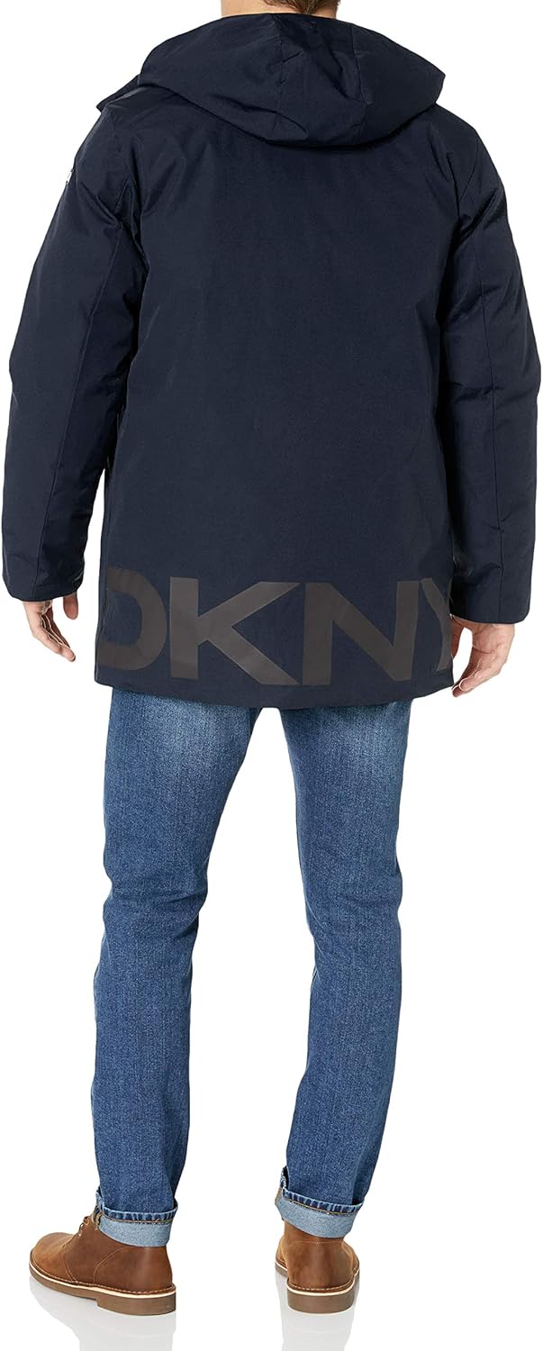 DKNY Men's Water Resistant Hooded Logo Parka Jacket at  Men’s Clothing store