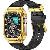 Deczone Band with Stainless Steel Case Compatible with Apple Watch Series Ultra 1 2 3 49mm Band, iwatch Bands Rugged Metal Protective Cover for Men (Gold)