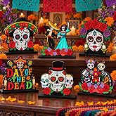 Yuntau 6 Pcs Day of the Dead Wooden Table Decorations, Sugar Skulls | Dia de los Muertos Centerpieces, Dancing Ghost and Skeleton Designs, Halloween Party Decor, Shelf and Office Desk Display