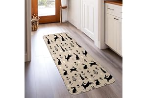 Rabbit Runner Rug, Spring Fanciful Flower Leaf Spring Black Low Pile Sponge Soft Rectangle Carpet Stain Resistant for Kitchen