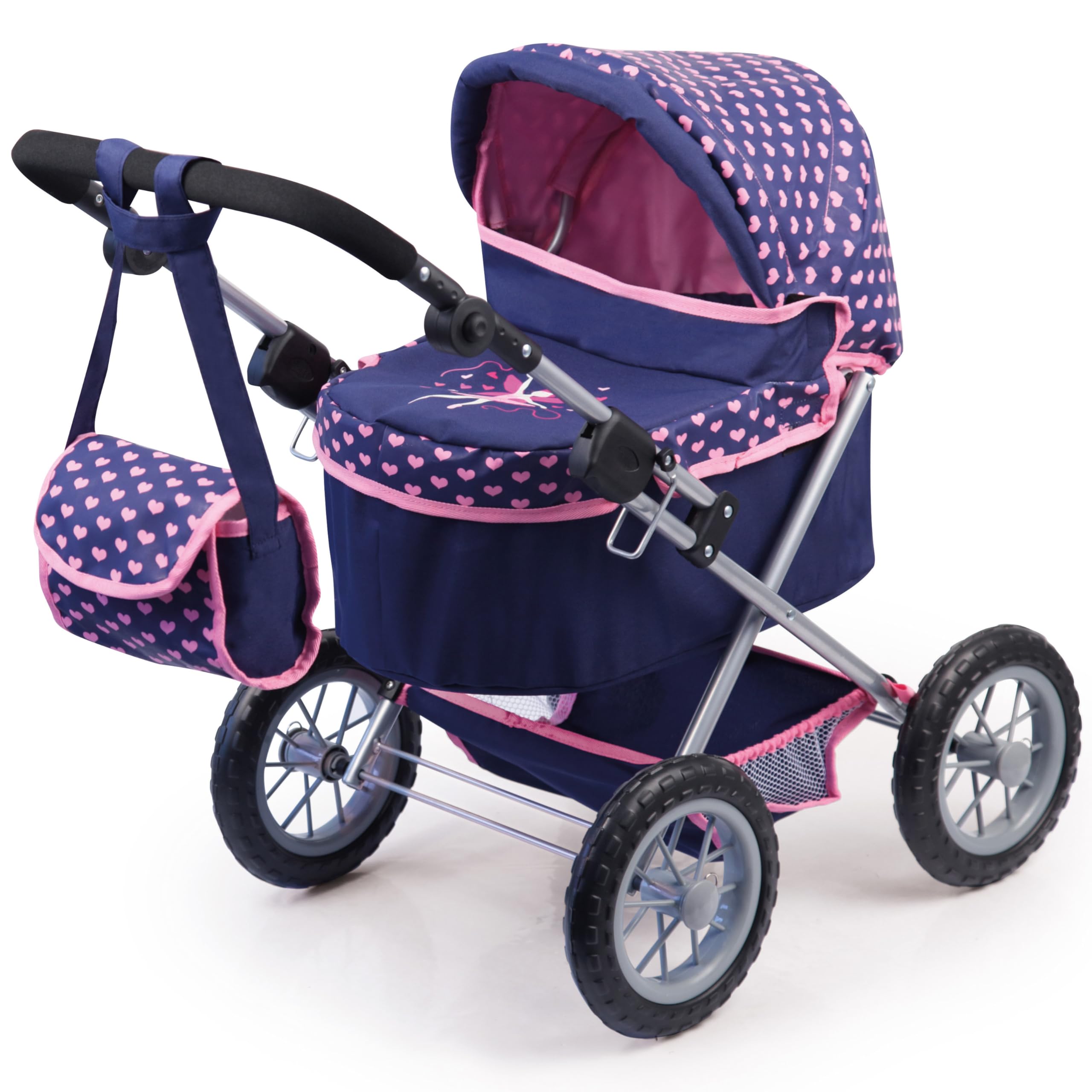 Bayer Design 13052AA dolls pram Trendy, with bag, height-adjustable handle, foldable, big wheels, Blue, Pink