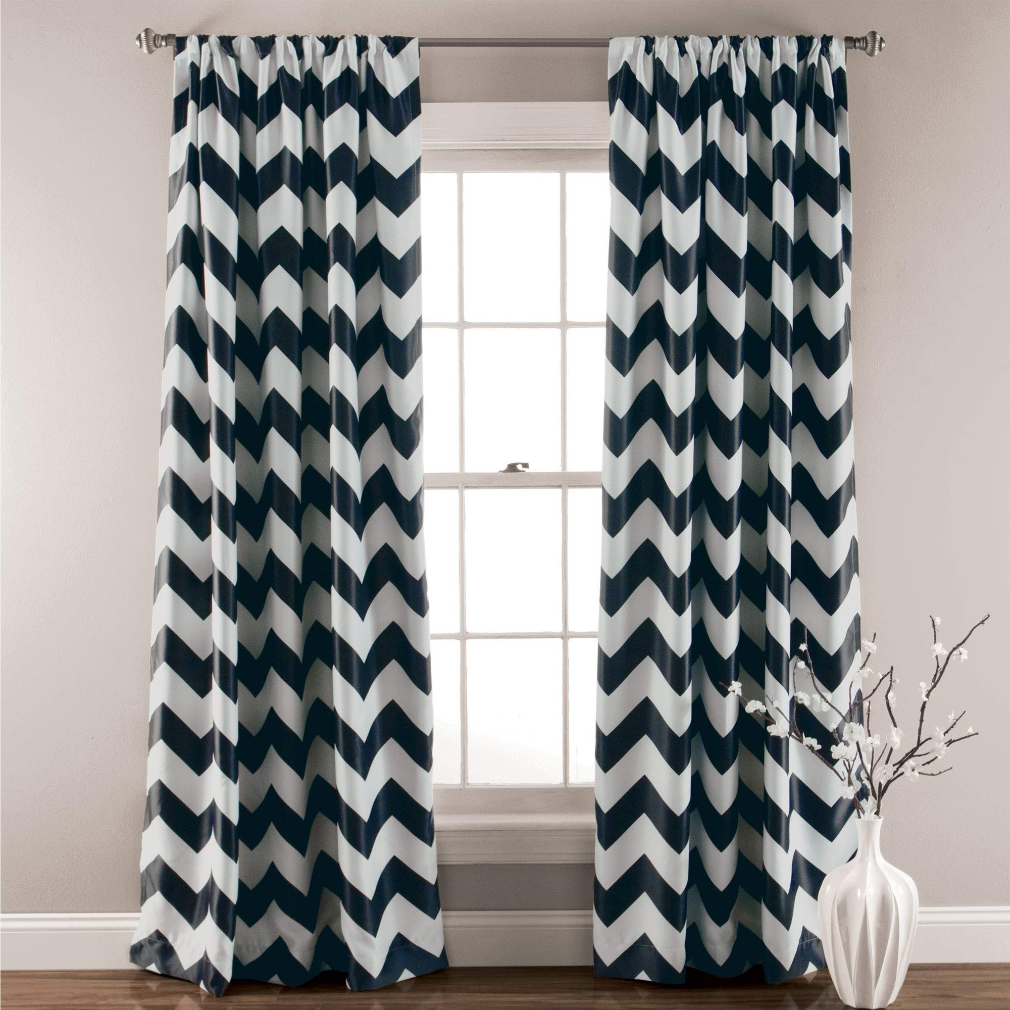 Lush Decor Chevron Light Filtering Window Curtain Panel, 84 inch x 52 inch, Black, Set of 2