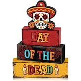 Yuntau 4 Pcs Day of The Dead Table Decorations Wooden Sugar Skull Signs | Rustic Dia De Los Muertos Table Centerpieces, Farmhouse Mexican Tiered Tray Decor for Home Office Desk Shelf Mantel