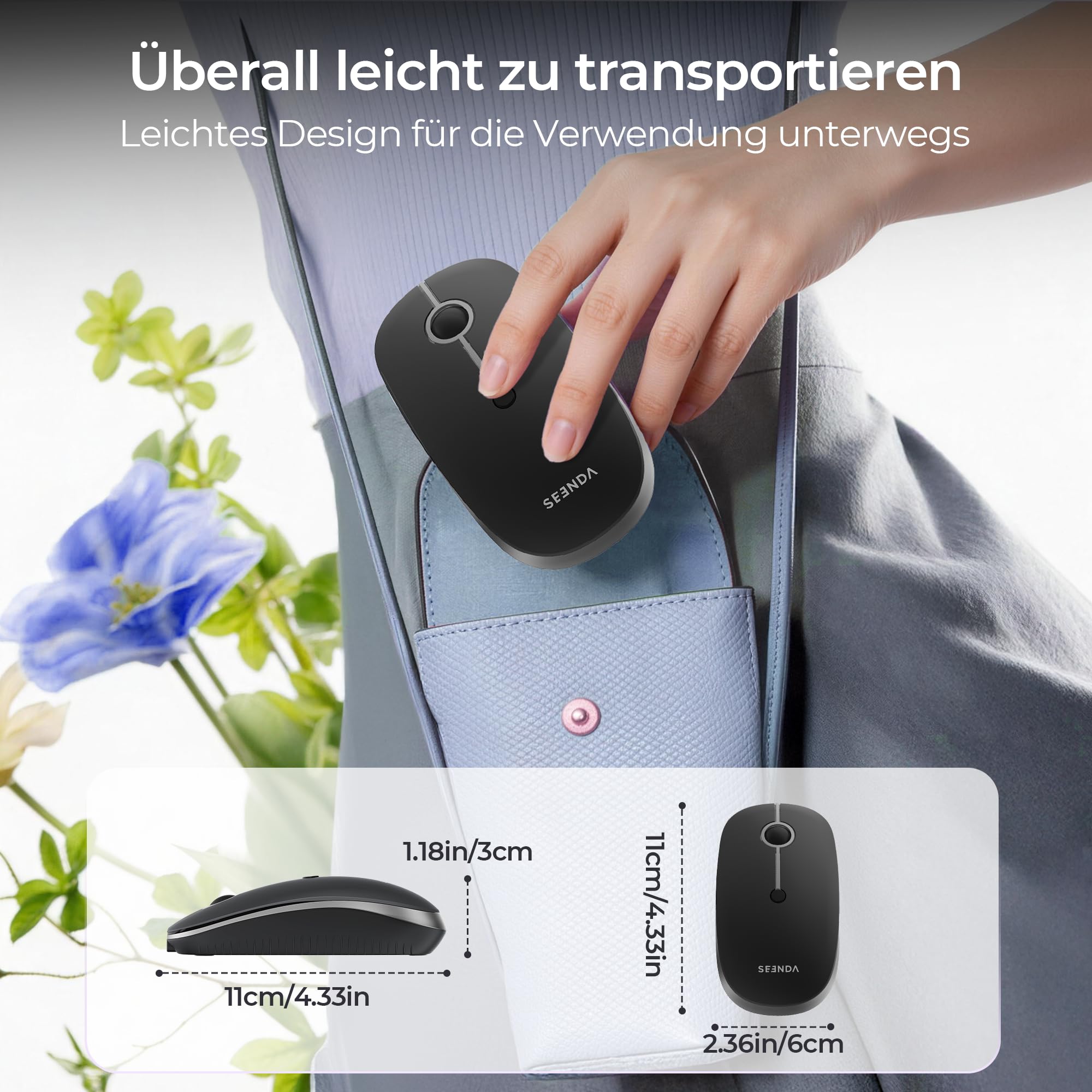 seenda MOU001 Bluetooth Maus, Leise, 3 Geräte Verbindung, Schwarzgrau 3