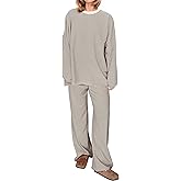 Navonta Striped Womens 2 Piece Lounge Set Oversized Long Sleeve Crewneck T-Shirt Wide Leg Pants Matching Pajamas Sets