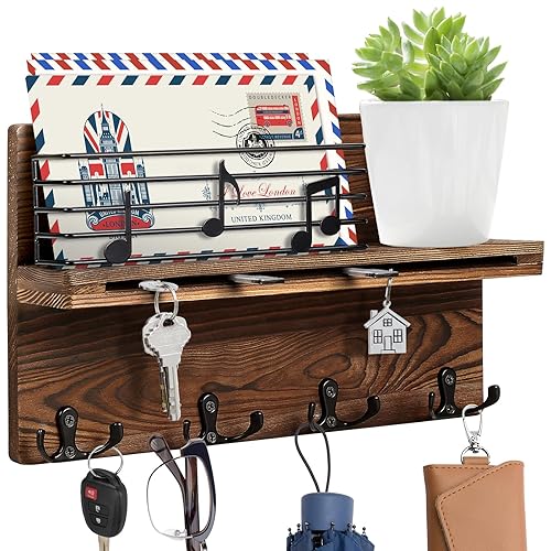 HOMIEE Key Holder Wall Mounted Mail Holder Organizer with 4 Double Key Hooks for Wall Entryway Decorative Key Rack Shelf, Rustic Home Decor for Entryway or Mudroom
