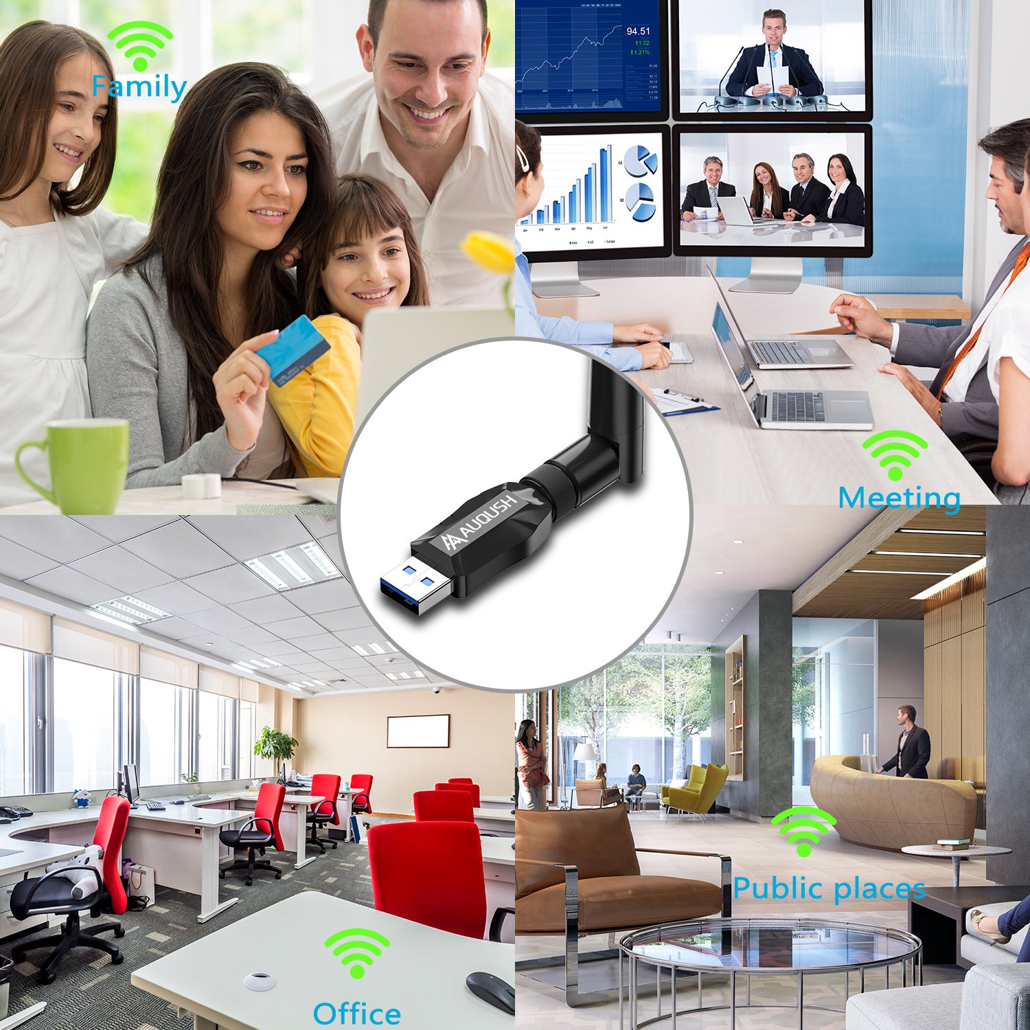 AUQUSH USB WiFi Adaptador 1200Mbit/s[5.8G/867Mbps+2.4G/300Mbps] AC de Banda Dual y WLAN Stick con Conector de Antena y Antena Desmontable