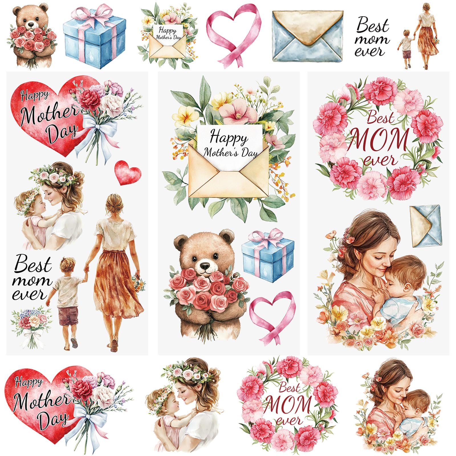 WANDIC 3 Sheets Mother's Day Rub on Transfer Stickers Kinship Decals Waterproof Stickers Furniture Decals for DIY and Home Decoration,15 * 30cm