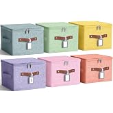 Fiwochic 6 Pack Fabric Closet Storage Bins with Lids, 10&times;8&times;7 in, Colored | Collapsible Foldable Cotton Linen Storage Cubes Box with PU Handle Label Holder for Bedroom Organization Shelf Nursery