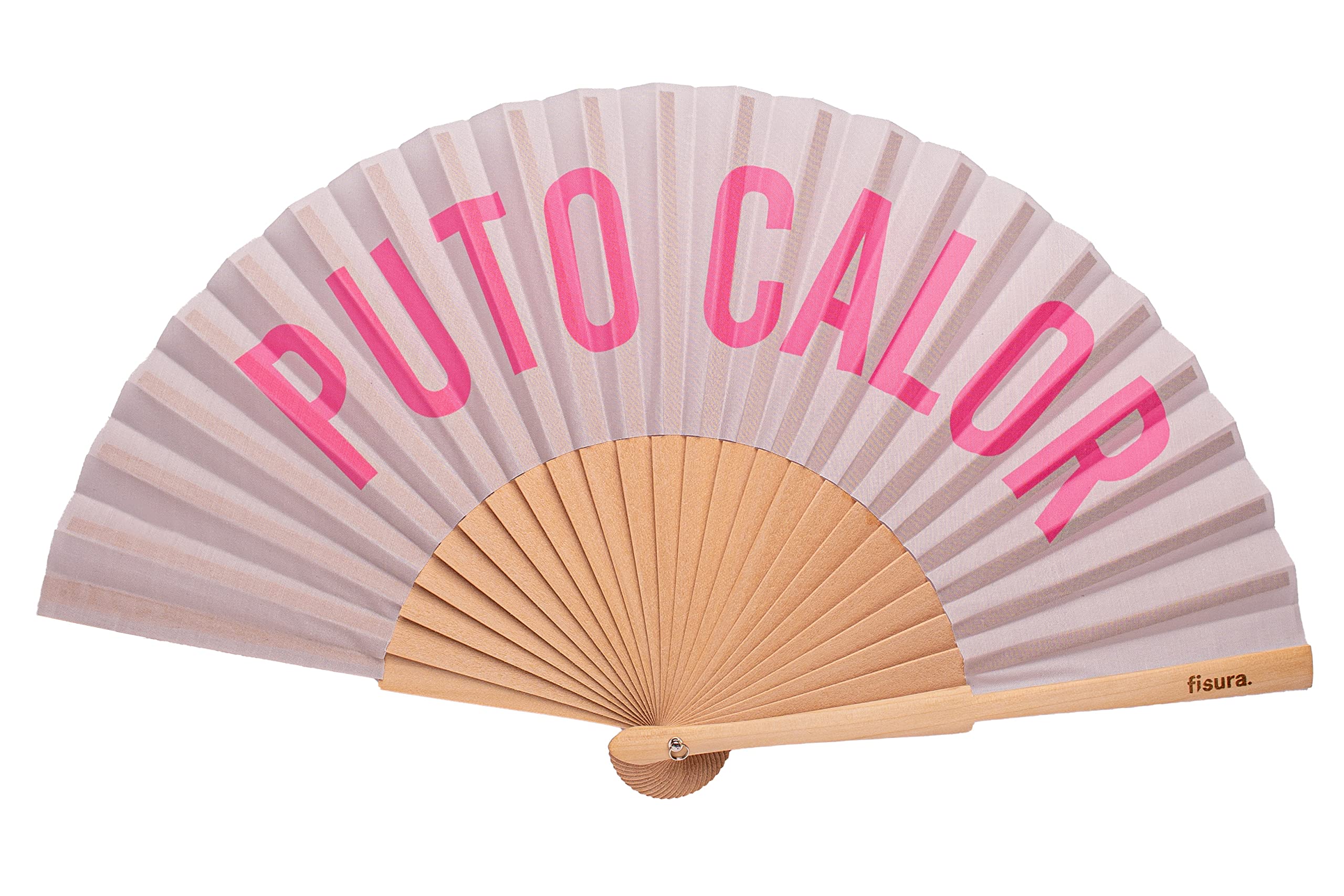 Fisura - Original handheld folding fan with the message in Spanish. Wooden fan. Original holding Hand Fans. Fan with hanger included (Calor, grey and pink)