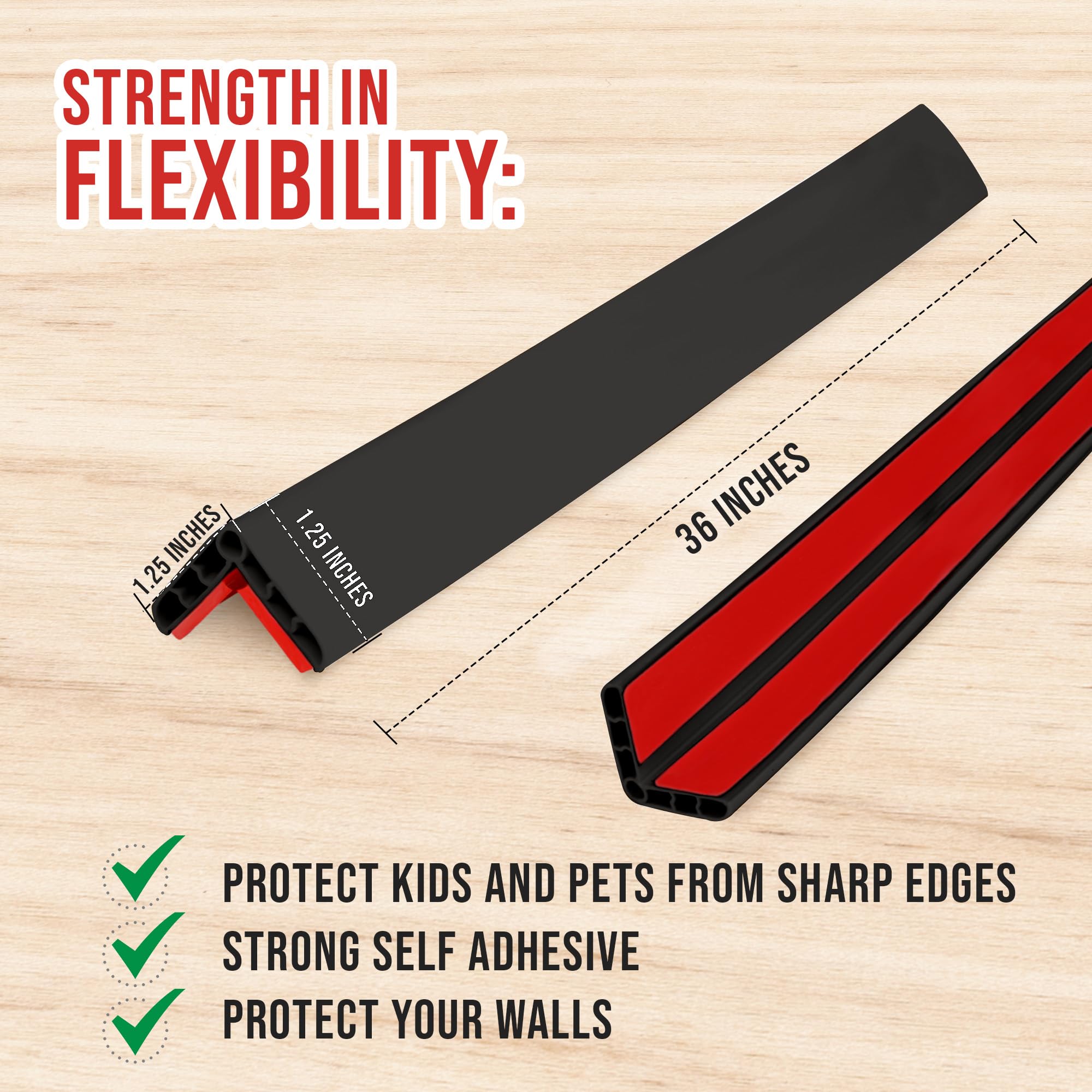 Rubber Bond Wall Corner Guard Edge Protector, 1x1x36 inch Baby Proofing Corner Guards | Self-Adhesive Furniture Edge Strips for Home & Office (5 Pack, Black)
